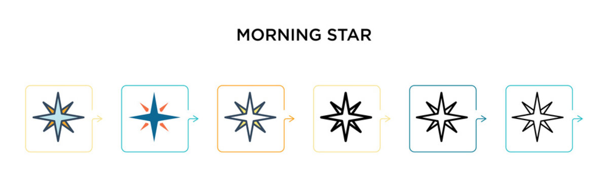Morning star vector icon in 6 different modern styles. Black, two colored morning star icons designed in filled, outline, line and stroke style. Vector illustration can be used for web, mobile, ui