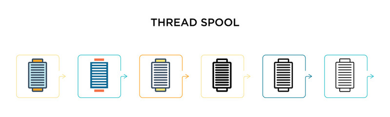 Thread spool vector icon in 6 different modern styles. Black, two colored thread spool icons designed in filled, outline, line and stroke style. Vector illustration can be used for web, mobile, ui