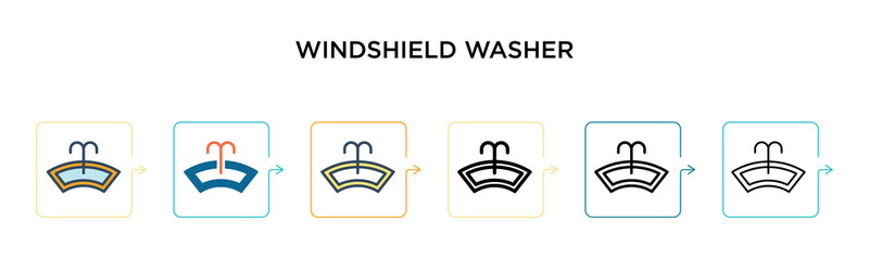 Windshield washer vector icon in 6 different modern styles. Black, two colored windshield washer icons designed in filled, outline, line and stroke style. Vector illustration can be used for web,