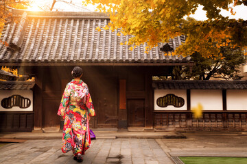 Young asian girl walking and wearing kimono - obrazy, fototapety, plakaty