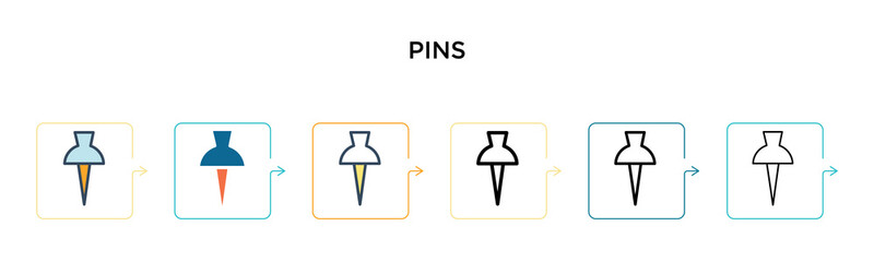 Pins vector icon in 6 different modern styles. Black, two colored pins icons designed in filled, outline, line and stroke style. Vector illustration can be used for web, mobile, ui