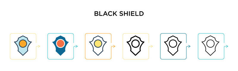 Black shield vector icon in 6 different modern styles. Black, two colored black shield icons designed in filled, outline, line and stroke style. Vector illustration can be used for web, mobile, ui