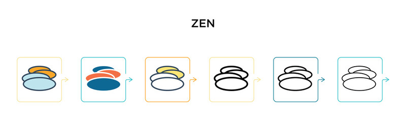 Zen vector icon in 6 different modern styles. Black, two colored zen icons designed in filled, outline, line and stroke style. Vector illustration can be used for web, mobile, ui