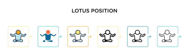 Lotus position vector icon in 6 different modern styles. Black, two colored lotus position icons designed in filled, outline, line and stroke style. Vector illustration can be used for web, mobile, ui