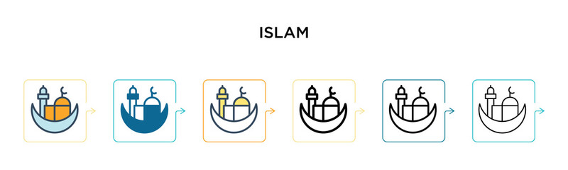 Islam vector icon in 6 different modern styles. Black, two colored islam icons designed in filled, outline, line and stroke style. Vector illustration can be used for web, mobile, ui