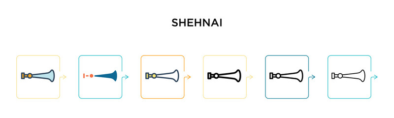 Shehnai vector icon in 6 different modern styles. Black, two colored shehnai icons designed in filled, outline, line and stroke style. Vector illustration can be used for web, mobile, ui