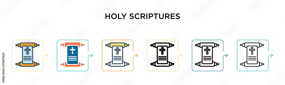 Poster holy scriptures vector icon in 6 different modern styles. black, two colored holy scriptures icons d