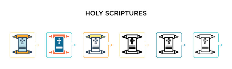 Holy scriptures vector icon in 6 different modern styles. Black, two colored holy scriptures icons designed in filled, outline, line and stroke style. Vector illustration can be used for web, mobile,