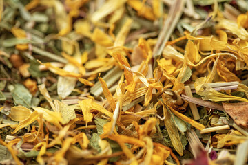 Fragrant herbal tea. Natural natural dry leaves. Macro image. Collection.