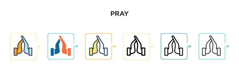 Pray vector icon in 6 different modern styles. Black, two colored pray icons designed in filled, outline, line and stroke style. Vector illustration can be used for web, mobile, ui