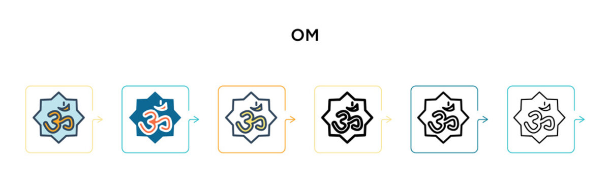 Om vector icon in 6 different modern styles. Black, two colored om icons designed in filled, outline, line and stroke style. Vector illustration can be used for web, mobile, ui