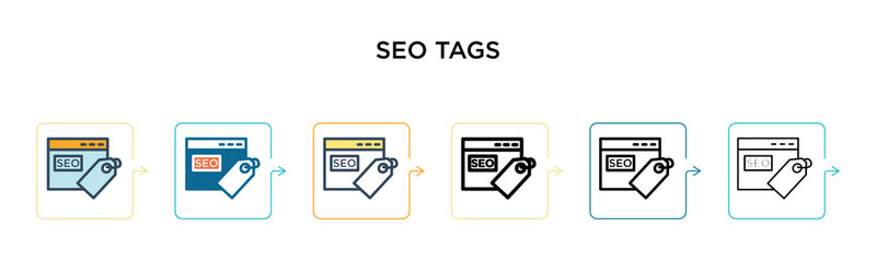 Seo tags vector icon in 6 different modern styles. Black, two colored seo tags icons designed in filled, outline, line and stroke style. Vector illustration can be used for web, mobile, ui