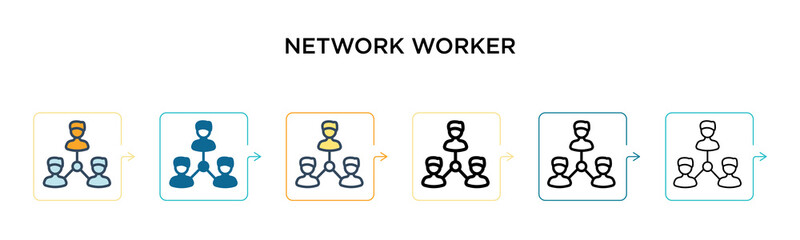 Network worker vector icon in 6 different modern styles. Black, two colored network worker icons designed in filled, outline, line and stroke style. Vector illustration can be used for web, mobile, ui