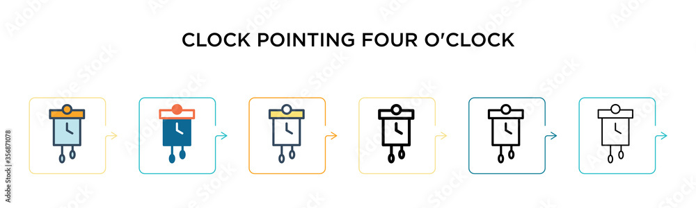 Poster clock pointing four o'clock vector icon in 6 different modern styles. black, two colored clock point