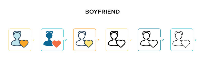 Boyfriend vector icon in 6 different modern styles. Black, two colored boyfriend icons designed in filled, outline, line and stroke style. Vector illustration can be used for web, mobile, ui