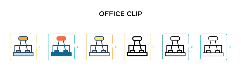 Office clip vector icon in 6 different modern styles. Black, two colored office clip icons designed in filled, outline, line and stroke style. Vector illustration can be used for web, mobile, ui