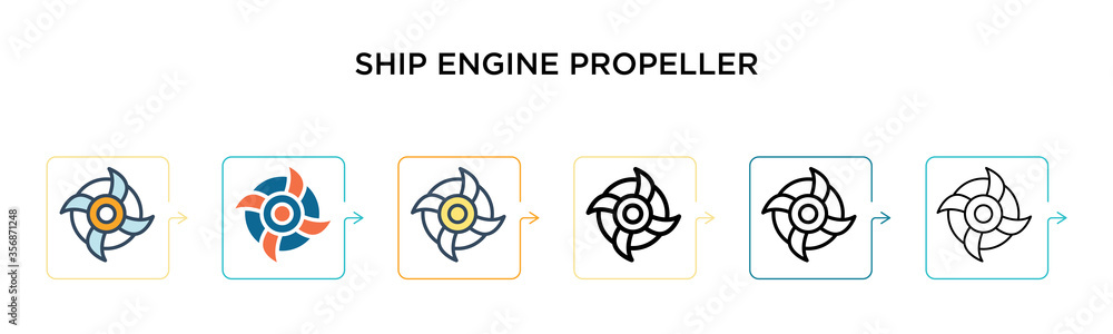 Poster ship engine propeller vector icon in 6 different modern styles. black, two colored ship engine prope
