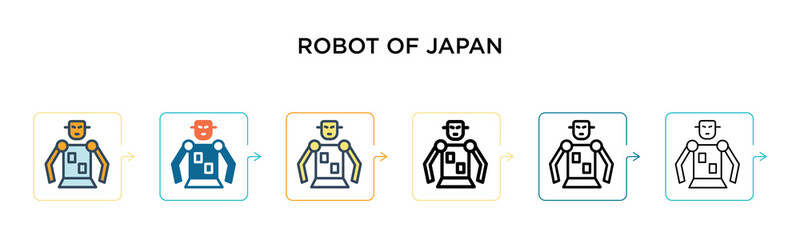 Fototapeta premium Robot of japan vector icon in 6 different modern styles. Black, two colored robot of japan icons designed in filled, outline, line and stroke style. Vector illustration can be used for web, mobile, ui