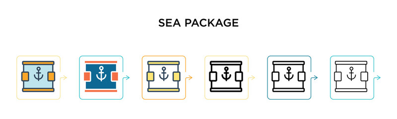 Sea package vector icon in 6 different modern styles. Black, two colored sea package icons designed in filled, outline, line and stroke style. Vector illustration can be used for web, mobile, ui