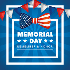 memorial day, honoring all who served, with bow and garlands hanging decoration vector illustration design