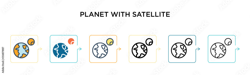 Poster planet with satellite vector icon in 6 different modern styles. black, two colored planet with satel