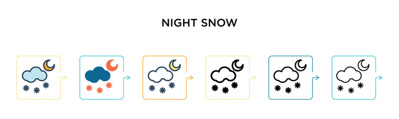 Night snow vector icon in 6 different modern styles. Black, two colored night snow icons designed in filled, outline, line and stroke style. Vector illustration can be used for web, mobile, ui