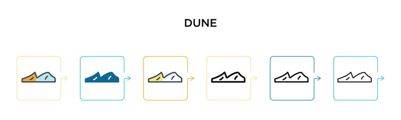Dune vector icon in 6 different modern styles. Black, two colored dune icons designed in filled, outline, line and stroke style. Vector illustration can be used for web, mobile, ui
