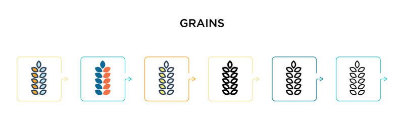 Grains vector icon in 6 different modern styles. Black, two colored grains icons designed in filled, outline, line and stroke style. Vector illustration can be used for web, mobile, ui
