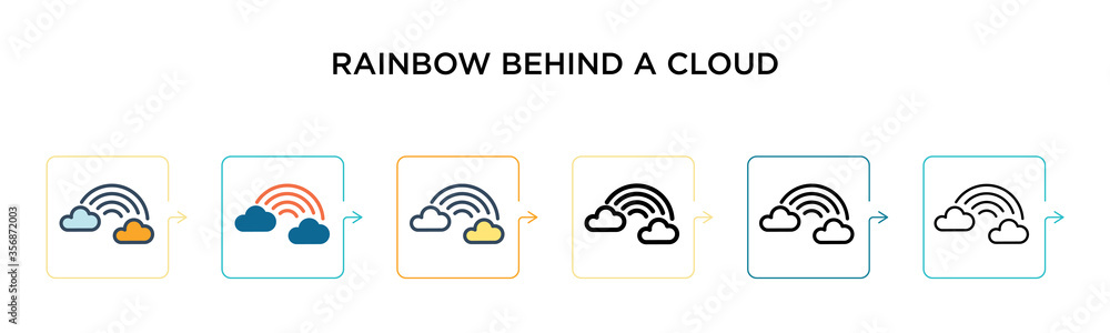 Poster rainbow behind a cloud vector icon in 6 different modern styles. black, two colored rainbow behind a