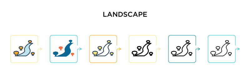 Landscape vector icon in 6 different modern styles. Black, two colored landscape icons designed in filled, outline, line and stroke style. Vector illustration can be used for web, mobile, ui