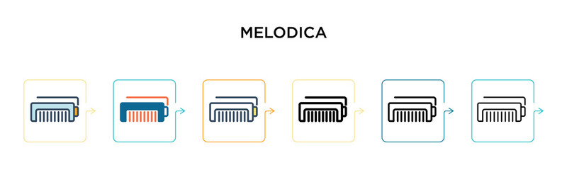 Melodica vector icon in 6 different modern styles. Black, two colored melodica icons designed in filled, outline, line and stroke style. Vector illustration can be used for web, mobile, ui