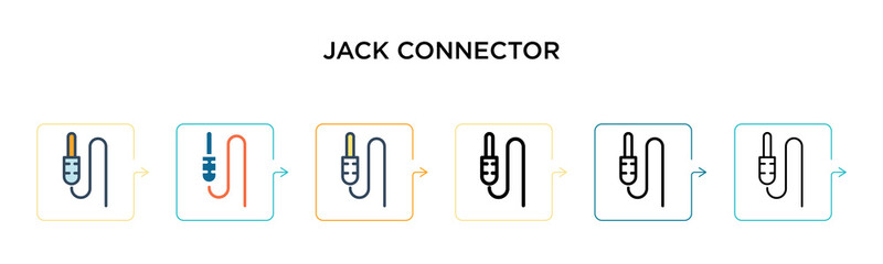 Jack connector vector icon in 6 different modern styles. Black, two colored jack connector icons designed in filled, outline, line and stroke style. Vector illustration can be used for web, mobile, ui