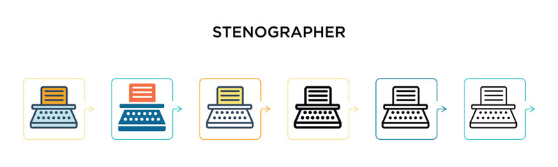 Stenographer vector icon in 6 different modern styles. Black, two colored stenographer icons designed in filled, outline, line and stroke style. Vector illustration can be used for web, mobile, ui - obrazy, fototapety, plakaty