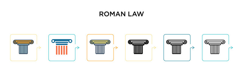 Roman law vector icon in 6 different modern styles. Black, two colored roman law icons designed in filled, outline, line and stroke style. Vector illustration can be used for web, mobile, ui