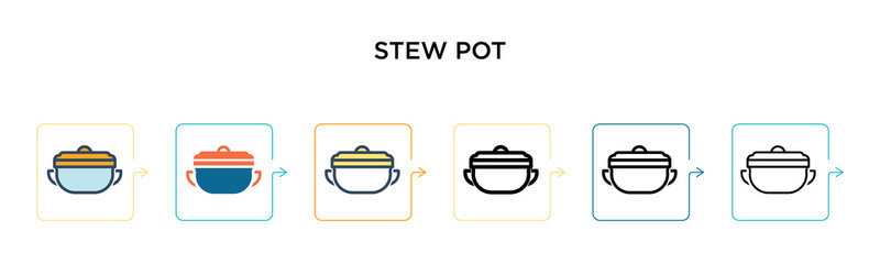 Stew pot vector icon in 6 different modern styles. Black, two colored stew pot icons designed in filled, outline, line and stroke style. Vector illustration can be used for web, mobile, ui