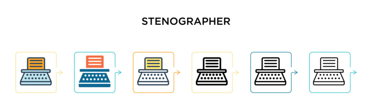 Stenographer vector icon in 6 different modern styles. Black, two colored stenographer icons designed in filled, outline, line and stroke style. Vector illustration can be used for web, mobile, ui