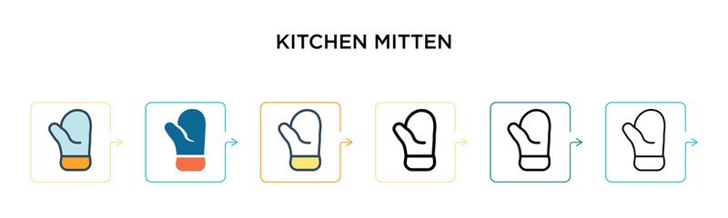 Kitchen mitten vector icon in 6 different modern styles. Black, two colored kitchen mitten icons designed in filled, outline, line and stroke style. Vector illustration can be used for web, mobile, ui