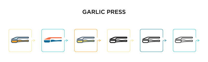 Garlic press vector icon in 6 different modern styles. Black, two colored garlic press icons designed in filled, outline, line and stroke style. Vector illustration can be used for web, mobile, ui