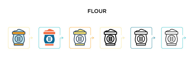 Flour vector icon in 6 different modern styles. Black, two colored flour icons designed in filled, outline, line and stroke style. Vector illustration can be used for web, mobile, ui