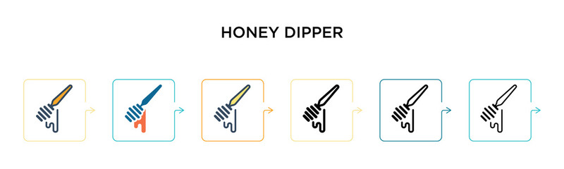 Honey dipper vector icon in 6 different modern styles. Black, two colored honey dipper icons designed in filled, outline, line and stroke style. Vector illustration can be used for web, mobile, ui