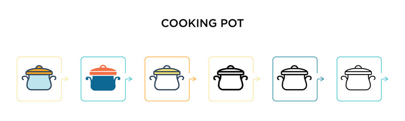 Cooking pot vector icon in 6 different modern styles. Black, two colored cooking pot icons designed in filled, outline, line and stroke style. Vector illustration can be used for web, mobile, ui