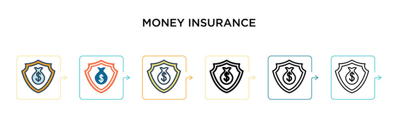 Money insurance vector icon in 6 different modern styles. Black, two colored money insurance icons designed in filled, outline, line and stroke style. Vector illustration can be used for web, mobile,