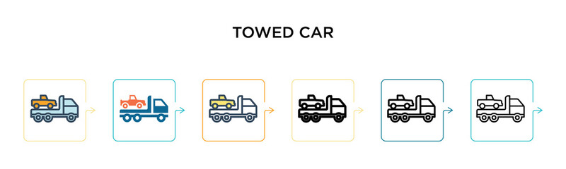 Towed car vector icon in 6 different modern styles. Black, two colored towed car icons designed in filled, outline, line and stroke style. Vector illustration can be used for web, mobile, ui