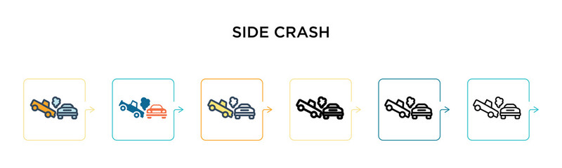 Side crash vector icon in 6 different modern styles. Black, two colored side crash icons designed in filled, outline, line and stroke style. Vector illustration can be used for web, mobile, ui