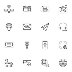 Press news line icons set, journalism outline vector symbol collection, linear style pictogram pack. Signs, logo illustration. Set includes icons as camera, radio, satellite broadcasting, microphone