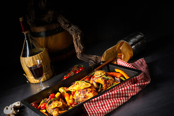 Grilled chicken legs with various vegetables and herbs.