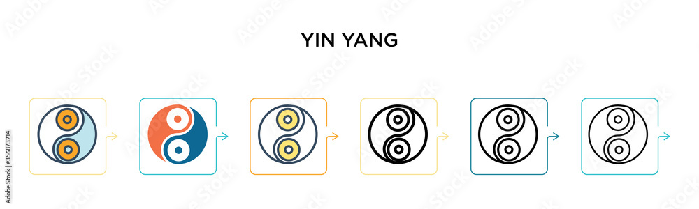 Poster yin yang vector icon in 6 different modern styles. black, two colored yin yang icons designed in fil