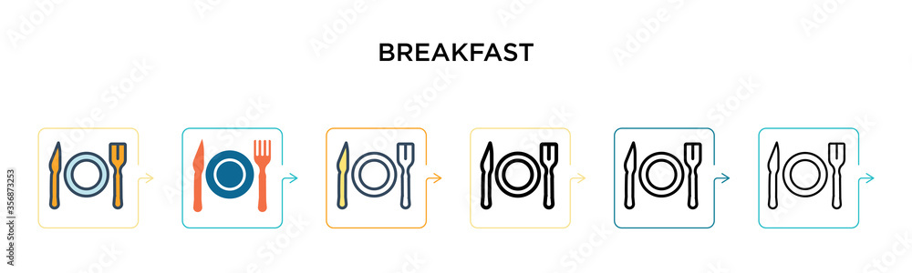 Poster breakfast vector icon in 6 different modern styles. black, two colored breakfast icons designed in f
