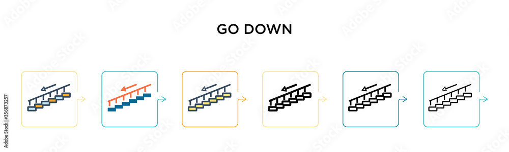 Aufkleber go down vector icon in 6 different modern styles. black, two colored go down icons designed in fille