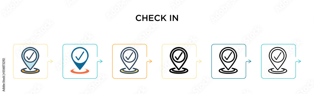 Poster check in vector icon in 6 different modern styles. black, two colored check in icons designed in fil